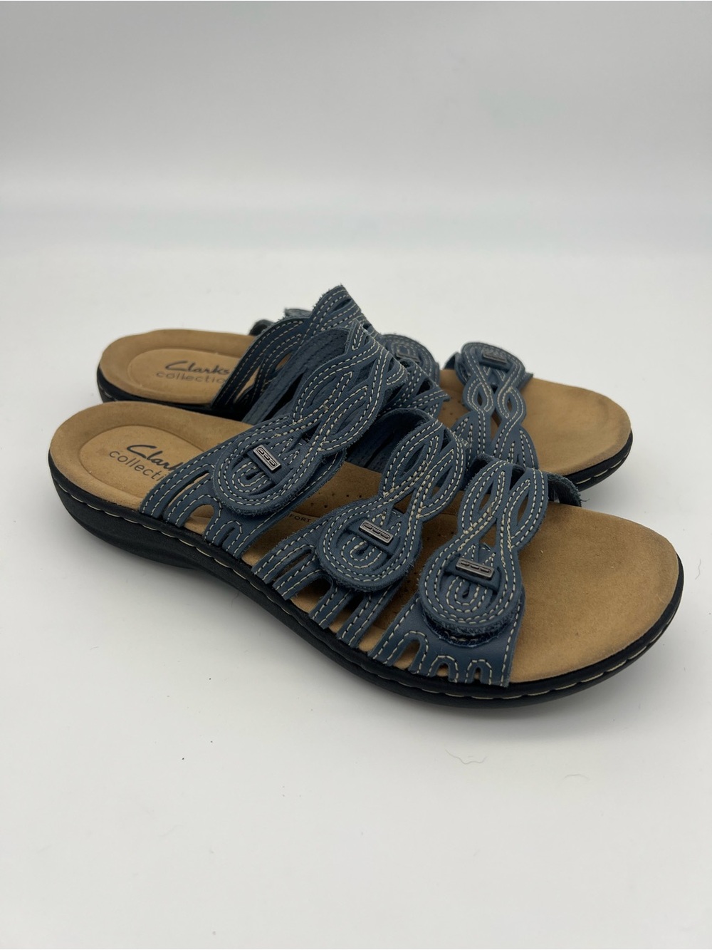 Clarks Blue Leather Laurieann Sandals Womens Size 8 Slip On Slides Bohemian